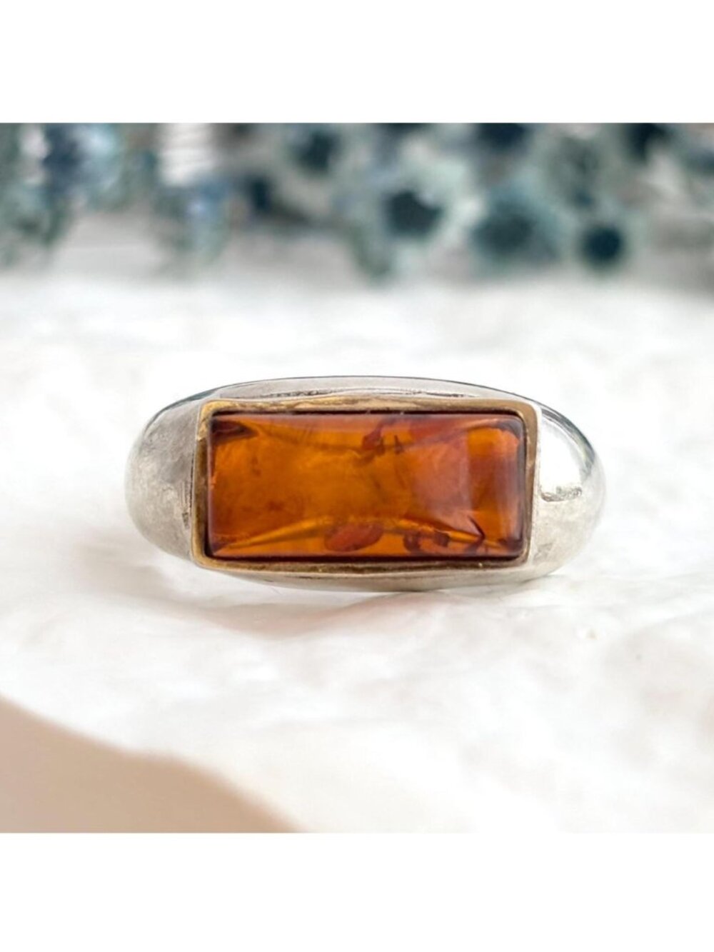 Baltic Amber Inlaid Stone Minimalist Sterling Silver 925 Vintage Ring - sz 10